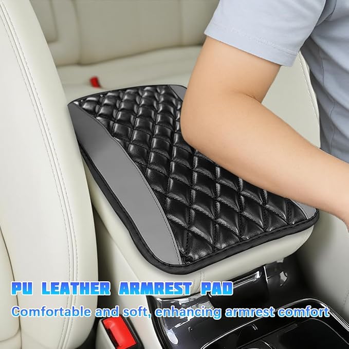 Car Center Console Cover, Comfortable PU Leather Vehicle Armrest Storage Box Cushion Pad, Anti-Scratch Automotive Interior Arm Rest Cover Protector, Universal for Truck SUV Sedan (Gray)