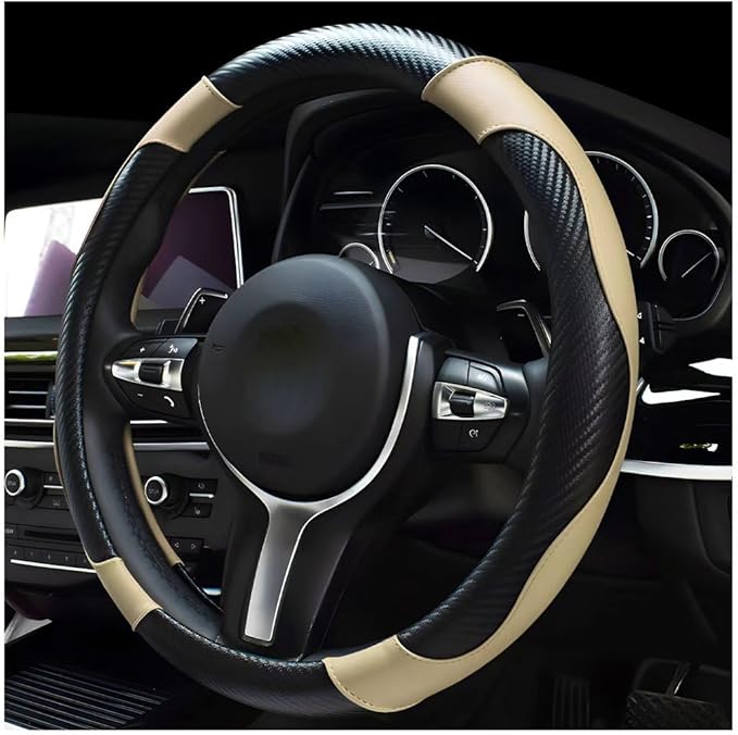 Car Steering Wheel Cover, 15 Inch Carbon Fiber Leather Stitching Color Steering Wheel Protector, Anti-Slip Elastic Breathable Steering Wheel Cover Stylish Decor for Most Cars (Black & Beige)