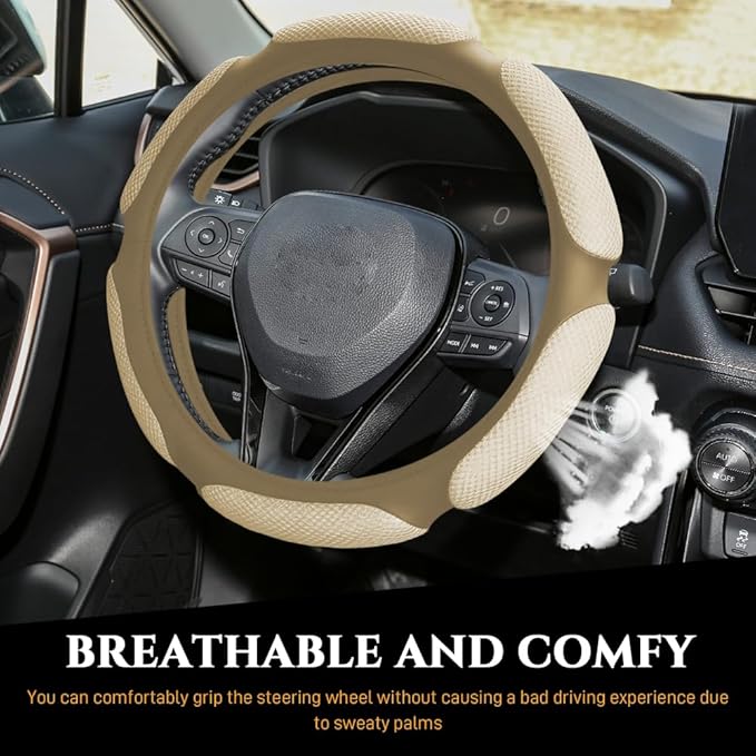 Car Steering Wheel Cover, Breathable Sporty Auto Wheels Wrap, 15 Inch Suede Steering Wheel Protector with Comfortable Grip, Steering Wheel Cover Hand Pad Cushion Slip-on for Cars (Beige)