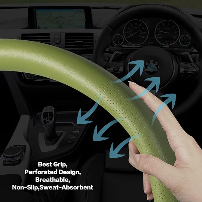 VARGTR Car Steering Wheel Cover,Universal 15 Inch Premium Leather Car Steering Wheel Cover,Best Grip,Perforated Design,Breathable,Non-Slip,Sweat-Absorbent,Warm in Winter and Cool in Summer (Green)