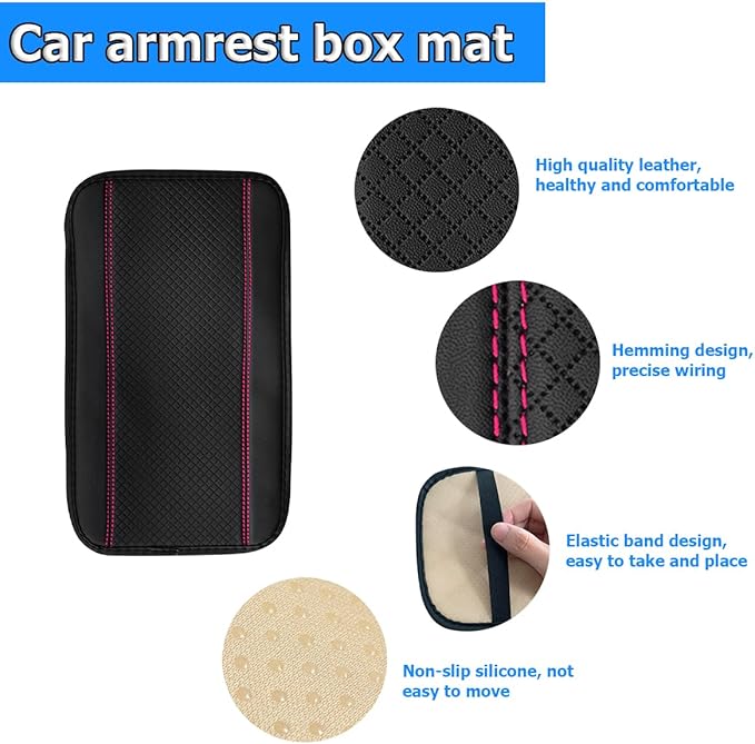 Armrest Pad for Car, PU Leather Auto Center Console Cushion Mat, Four Seasons Automotive Armrest Seat Box Cover, Universal Vehicle Interior Accessories for SUV, Truck, Van (Black/Pink)