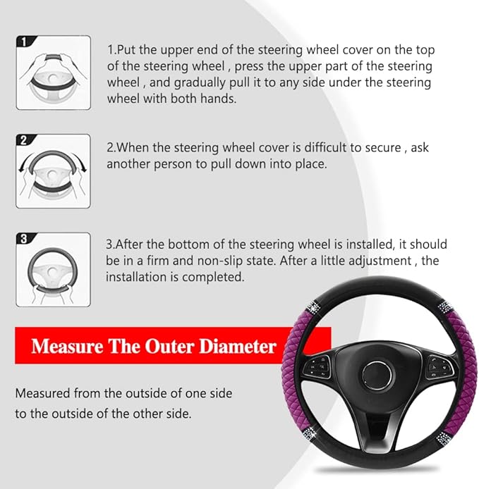 Bling Soft Leather Steering Wheel Cover, Anti-Slip Car Steering Wheel Protector, 15 Inch Rhinestones Soft Leather Elastic Steering Wheel Protector for Women Girls, Car Accessories for Most Cars