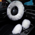 3Pcs Set Fashion Fluffy Fuzzy Wool Fur Soft Car Steering Wheel Cover with Handbrake Cover & Gear Shift Cover for Women/Girls/Ladies Auto Long Wool Accessories, White Black Tip