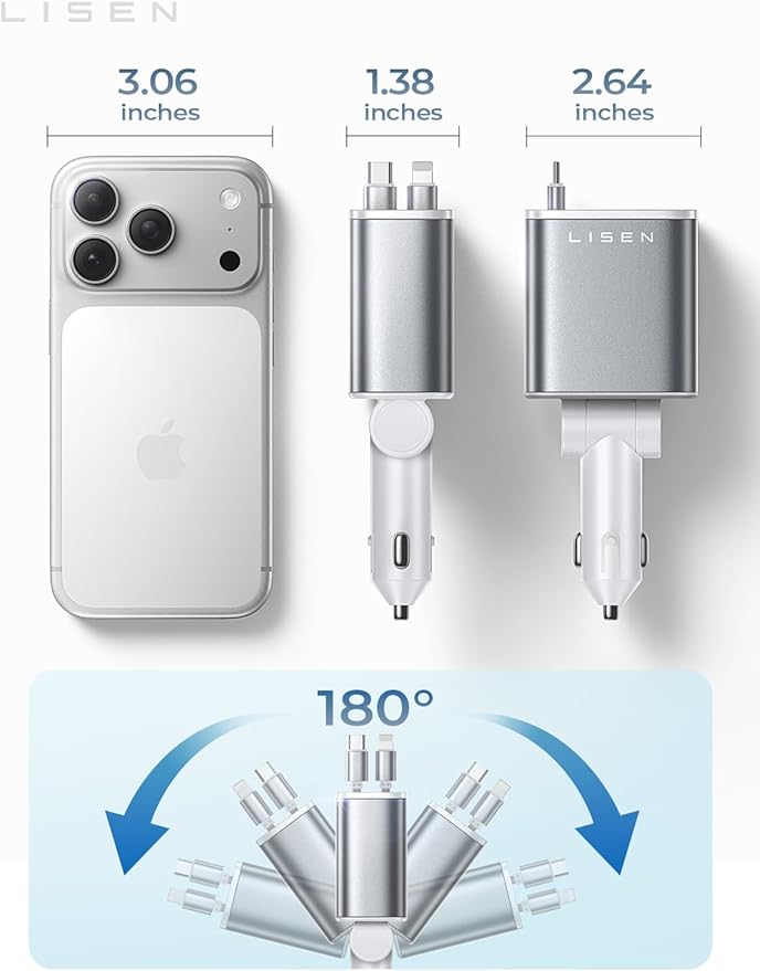 LISEN Retractable Car Charger for iPhone 17 Pro Max, 75W Retractable Car Charger, Cute Girly Car Accessories for Women, Valentines Day Gifts for Men Women, fit iPhone 16 15 14 Samsung Galaxy