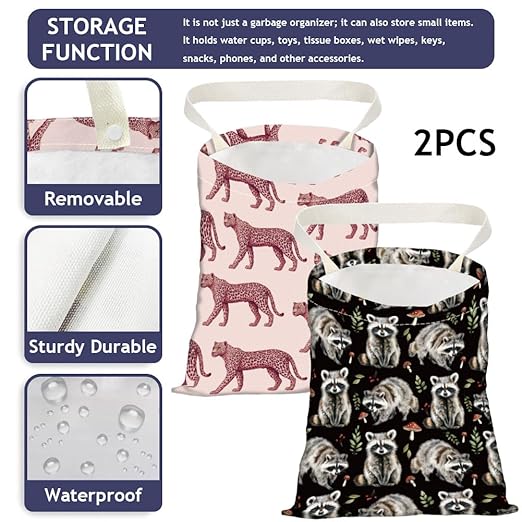 2PCS Leopard Raccoon Print Car Trash Bag Portable Hanging Garbage Bag with Snap Buttons Back Seat Reusable Rubbish Storage Dustbin for Women Man Car Interior Accessories Kitchen Home Travel