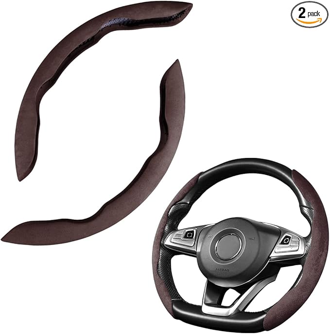 Car Steering Wheel Cover, Microfiber Suede Leather and Carbon Fiber Double Sided Design, Warm in Winter and Cool in Summer, Breathable Non Slip Segmented Protector for Most Cars (Turn Fur/Coffee)
