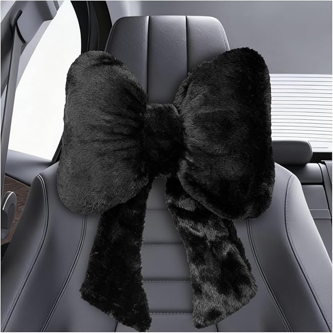 Bow Car Headrest Pillow, Plush Soft Comfortable Warm Car Neck Pillow with Adjustable Strap, Universal Breathable Ergonomic Vehicle Interior Neck Support Cushion for Fatigue Relief(Black)