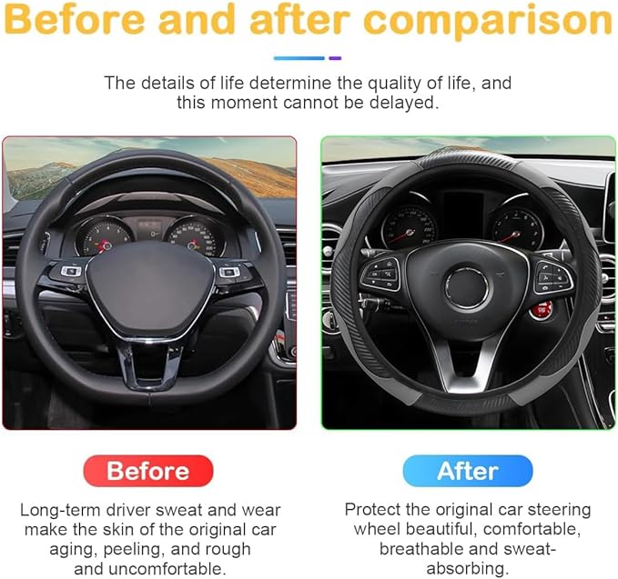 Car Steering Wheel Cover, 15 inch Carbon Fiber Microfiber PU Leather Elastic Steering Wheel Protector for Men Women, Anti-Slip Breathable Car Interior Accessories for Most Cars (Black/Gray)