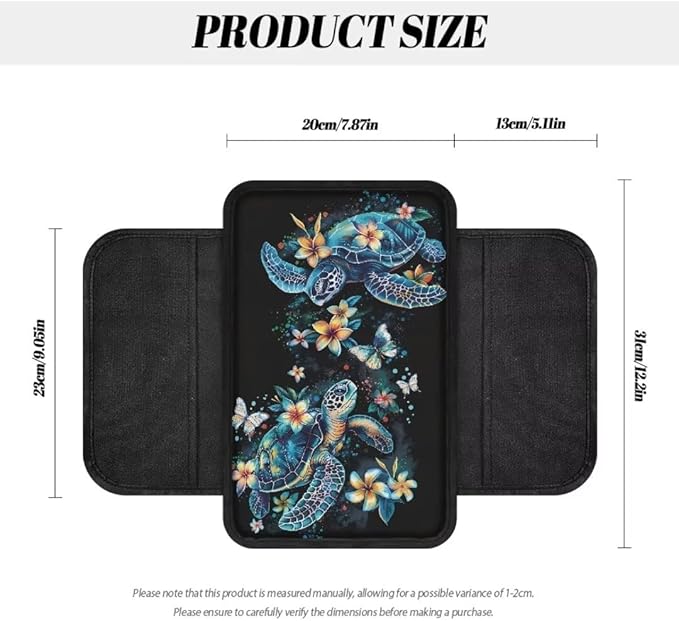 Boatee Flower Turtle Arm Rest Cover for Car Console Organizer Auto Center Console Cover Armrest Mat for Car Console Cushion Comfortable Interior Protector Automotive Armrest Seat Box Protector Black