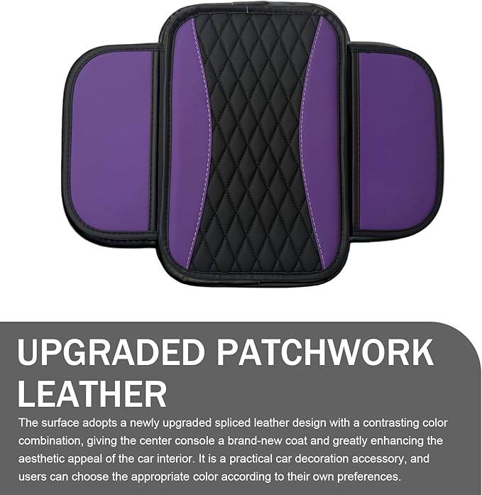 Car Center Console Cover, Patchwork Leather Armrest Cover Cushion with 2 Storage Bag, Waterproof Comfortable Auto Arm Rest Pad, Universal Center Console Protector for Sedan, SUV (Purple)