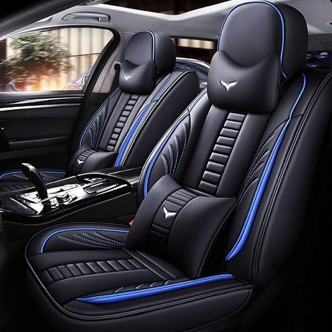 Niscarda for Volkswagen Taos Seat Covers 2022-2024, 3D Protection Faux Leather Seat Protector Car Interior Covers with 2 * Neck Pillow & 2 * Lumbar Support (Black and Blue, Full Set)