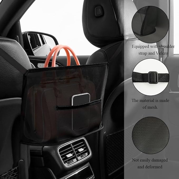 Car Net Pocket Handbag Holder, Purse Holder for Car, Driver Storage Netting Pouch for Handbag Purse, Mesh Vehicle Storage Organizer Between Front Seats Universal for SUV Truck RV (Black)