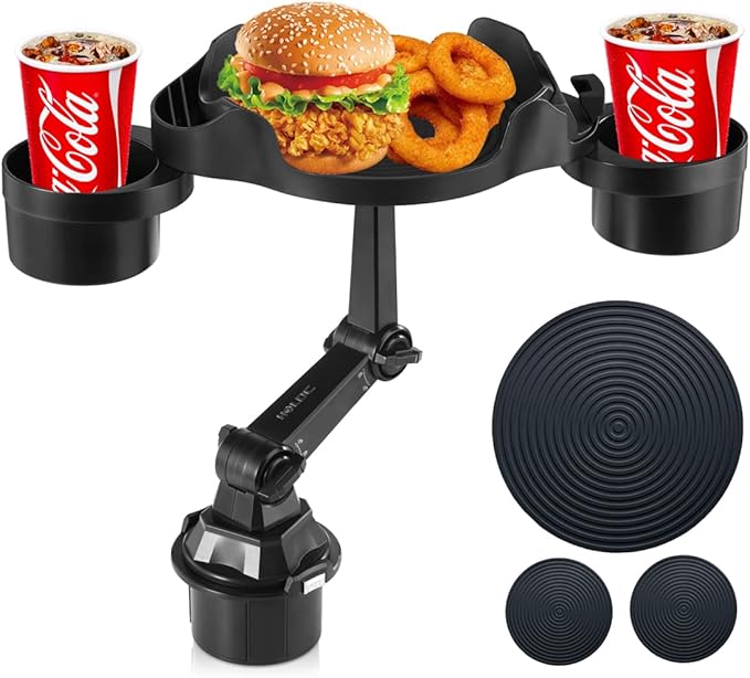 HOLDCY Cup Holder Expander for Car, 360 Degrees Rotate Adjustable 6.3 inches Surface Car Tray Table and Drink Holders with 3 Coaster, Car Cup Holder Tray Apply to All Auto Models