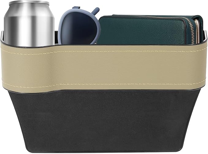 HARFINGTON Car Seat Gap Filler Organizer 10.2 x 6.5 x 3.1 Inch ABS+Leather Universal Car Organizer Storage Box Between Seat and Console (Left) with Cup Holders for Phone Keys, Beige