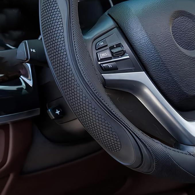 15 Inch Car Leather Steering Wheel Cover, Automotive Accessories Elastic Breathable Anti-Slip Soft Wheel Protector Fits Men and Women, Suitable for SUVs, Trucks, Vehicles and RVs (Black)