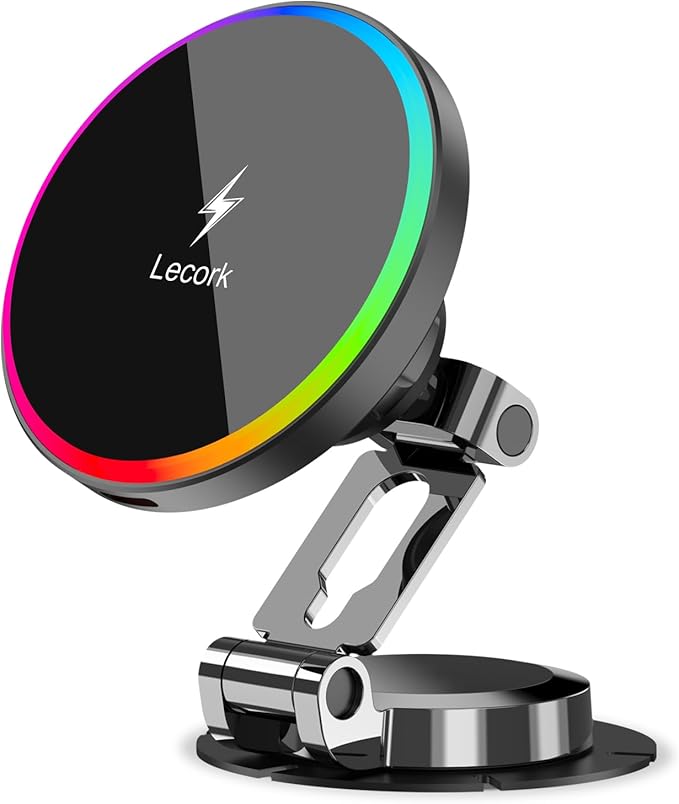 Lecork for Magsafe Car Mount Charger, 15W Magnetic Wireles Car Charger for iPhone 12 13 14 15 16 Series, Stick On Dashboard Phone Holder Mount for Samsung S25 Series, Zinc Alloy Shell, Black