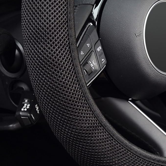 Elastic Stretch Steering Wheel Cover, Warm in Winter and Cool in Summer, Universal 15 inch Microfiber Breathable Ice Silk Anti Slip Car Interior Accessories, Odorless, Easy Carry, Black