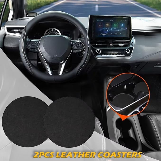 Muamos Steering Wheel Cover Black, Carbon Fiber Car Steering Wheel Covers with Coasters Universal 14.5-15 inch Leather Microfiber Breathable Anti-Slip Steering Wheel Accessories Set
