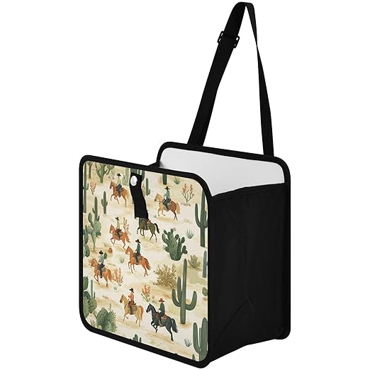 Car Trash Can Organizer Bin with Adjustable Strap for Back Front Seat Console Waterproof Leakproof Collapsible Portable 8.66 Inch Cute Cacti Desert Cowboys Horses