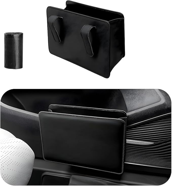 Car Trash Can, Foldable Waterproof Leather Car Garbage Organizer Holder, Automotive Mini Dustbin Container with One Roll Trash Bag, Universal Interior Car Accessories (Black)