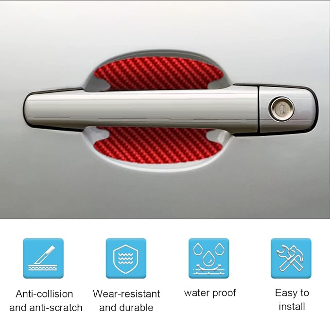 4PCS Car Door Handle Cup Scratch Protectors, Carbon Fiber Car Door Handle Bowl Sticker, Universal Auto Doors Handles Cup Paint Guard Cover Protective Film for Cars (Red-4PCS)