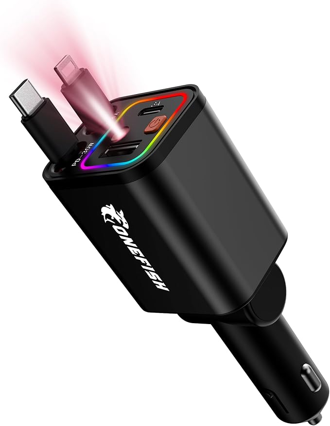 OneFish Starlight Fast Car Charger, 4 in 1 Cigarette Lighter Chargers with USB Type C Ports Retractable Cord Display, for iPhone 17 16 15 14 Pro Max Plus/iPad, Car Truck Essentials Gift for Women Men