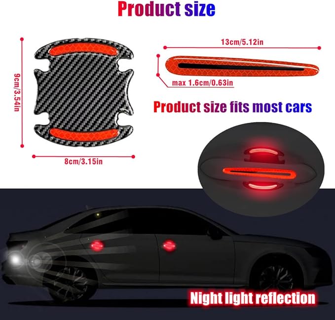 8pcs Universal Carbon Fiber Texture Car Door Handle Scratch Protector Cover - Reflective Stickers (Red)