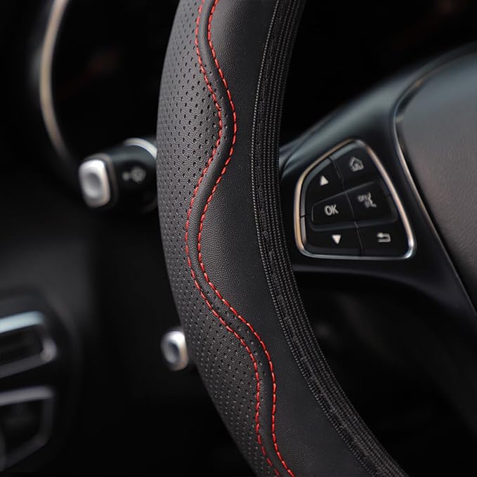 zipelo Elastic Stretch Steering Wheel Cover, Microfiber Breathable Ice Silk, Universal 15 Inch Anti-Slip Car Steering Wheel Protector, Warm in Winter and Cool in Summer for Women (Style2-Black/Red)