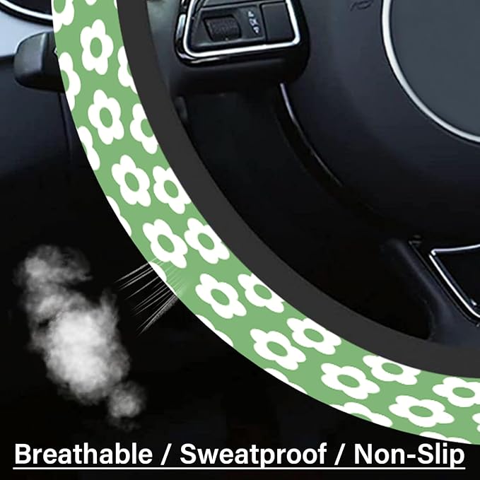 Car Steering Wheel Cover for Women Men, Non-Slip Breathable Cute Steering Wheel,Green Flowers Steering Wheel Protector, Car Accessories, Universal 14" 02/2-15" Fit Auto, Suvs