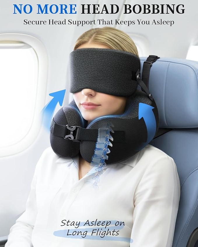 Travel Pillow for Long Flight Airplanes, Head Strap with Soft Eye Mask for Sleep, Memory Foam Travel Neck Pillow for Car Trip Essential, 360° Headrest Support to Stop Bobblehead, EVA Travel Case, Grey