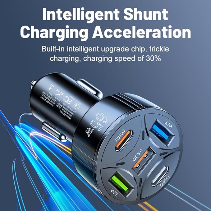 USB C Car Phone Charger Adapter 5 in 1 Multi Port PD30W &QC3.0 Super Fast Charging, 65W Cigarette Lighter USB Charger for iPhone/Android/Samsung/iPad Pro and More (White)