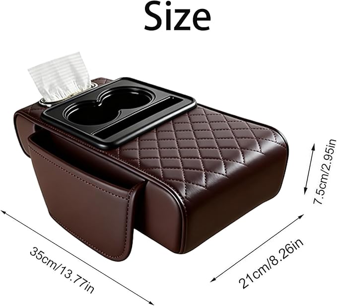 AHFBF Multifunctional Pu Leather Car Armrest Box Mat, Armrest Box Pad for Car, Leather Car Armrest Box Pad with Cup Holders, Car Armrest Box Mat, 5-in-1 Car Center Console Cover (Coffee)