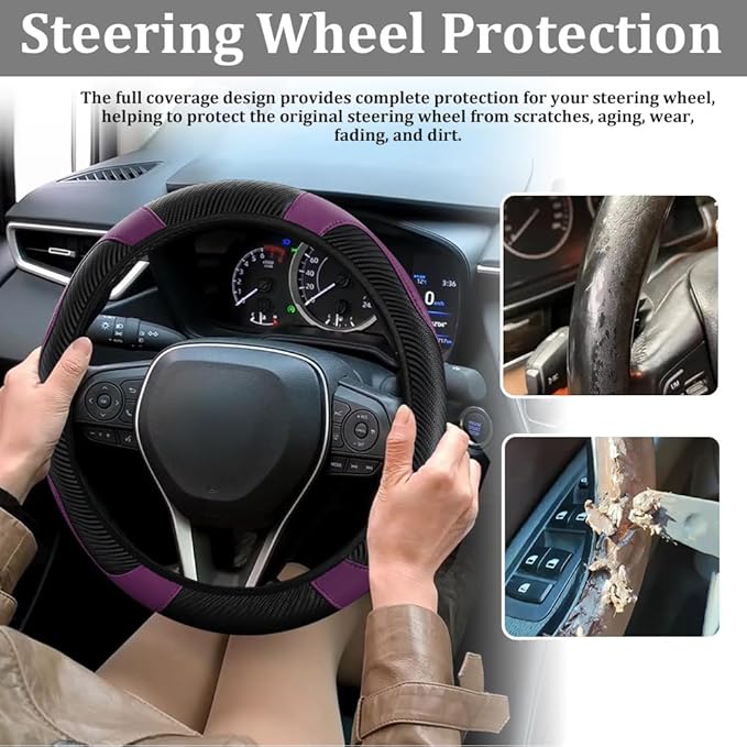 Car Steering Wheel Cover, Steering Wheel Protector, 15 inch Durable Leather Cover with Anti-Slip Lining, Universal Carbon Fiber Microfiber Leather Car Accessories for Most Cars (Black&Purple)