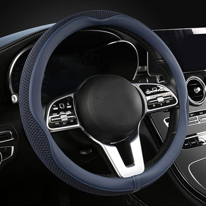 LKWLIKEI Car Steering Wheel Cover, Universal 15 inch, The Latest Microfiber Leather Breathable Technology Fabric, Non-Slip, Comfortable, Warm in Winter and Cool in Summer, Blue