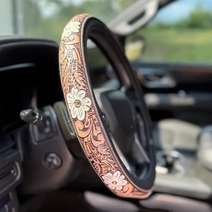 Western Steering Wheel Cover,Retro Western Cowboy Car Universal Steering Wheel Cover,Embossed Hand-Painted Leather Western Car Accessories, for Women Man, Anti-Slip Design Easy to Install (E)