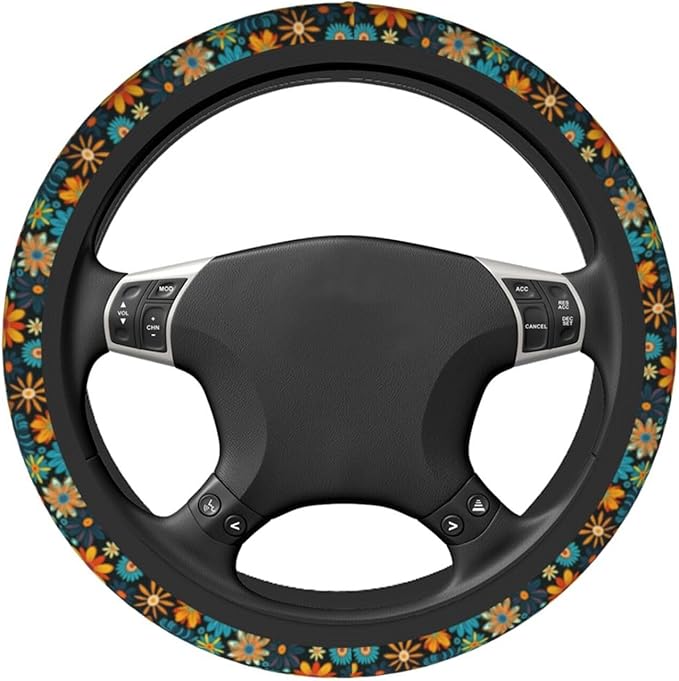 Artistic Floral Pattern Steering Wheel Cover for Women Breathable Anti Slip Stretch Cute Steering Wheel Covers Car Protector Accessories Universal 15 Inch