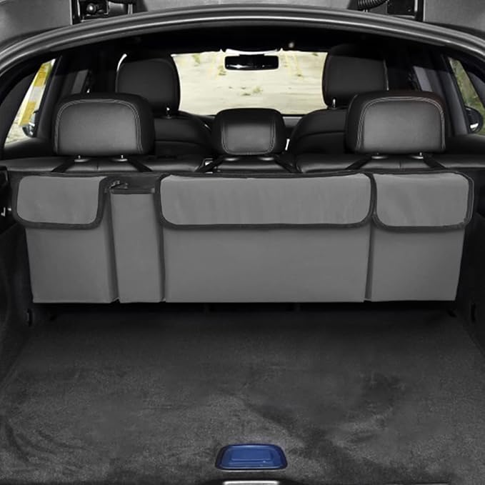 Car Trunk Organizer, Collapsible Large Capacity Auto Backseat Hanging Storage Bag with Adjustable Strap & 4 Pockets, Space Saving Car Back Seat Cargo Bag, Universal for Vehicles (Gray)