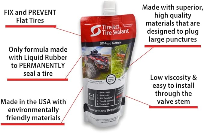 TireJect Off-Road Tubeless Tire Sealant Kit: Fix a Flat Tire & Prevent Flat Tires, Seal Punctures Leaks Dry Rot Thorns Nails Screws, tire Repair Slime, Puncture tire Sealer (40oz, 4-Tire Value Pack)