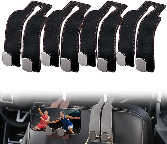 Medech Headrest Hooks for Car Car Seat Hooks for Headrest, 2025 Hooks for Purses and Bags Cute Car Purse Holder,Twinhook Leather Headrests Hangers Seat Back Organizers (Black-4PC)