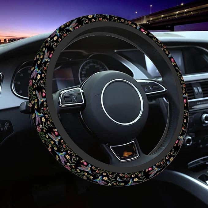 Swono Hummingbirds and Flower Car Steering Wheel Covers for Men Women,Hummingbirds Flowers Embroidery Car Accessories Decor 15" Steering Wheel Cushions Comfort Grip Neoprene Stretch-On Anti-Slip Case