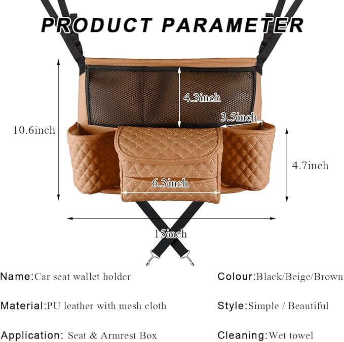 Car Purse Holder Between Seats, Luxury Leather Front Seat Back Handbag Organizer with Tissue Box Cup Holders, Auto Large Capacity Multi Pocket Purse Holder Hanging Storage Bag (Brown)