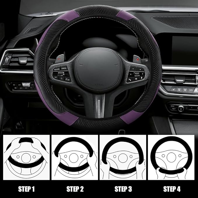 Car Steering Wheel Cover, Steering Wheel Cover Protector, 15 Inch Carbon Fiber Microfiber Leather Elastic Steering Wheel Protector, Car Steering Wheel Accessories for Vehicles (Black Purple)