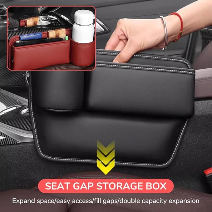 Car Leather Cup Holder Gap Bag,2025 Upgrade Car Storage Box with Cup Holder,Seat Storage Box Gap Filler Organizer for Glasses Phone Keys and Cards (Black, Passenger Seat)