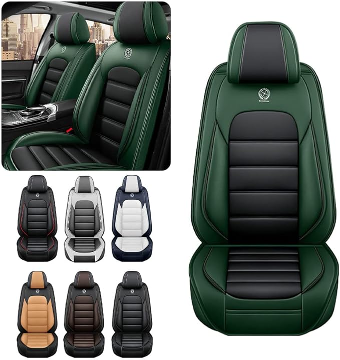 Iceleather Car Seat Covers for Ford Edge 2007-2025,Waterproof Soft Breathable PU Leather Seat Cover with Storage Pockets(Black&Green,Front Set)