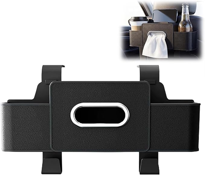 3-in-1 Car Backseat Organizer with Cup Holder, Tissue Box, Trash Bin & Hooks, Car Organizers and Storage Box Behind Seat, for Hold Phones, Snacks, Drinks, and Handbags (Black)