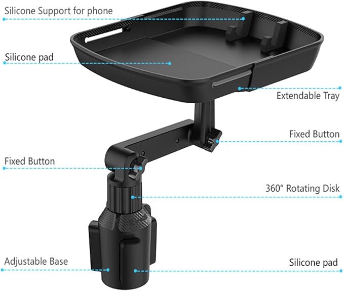 Larger Cup Holder Tray, 10 inch Car Food Tray for Eating, Detachable 3 in 1 Car Cup Holder Expander and 360° Rotating Car Cup Holder Tray Table with Phone Holder, Road Trip Essentials