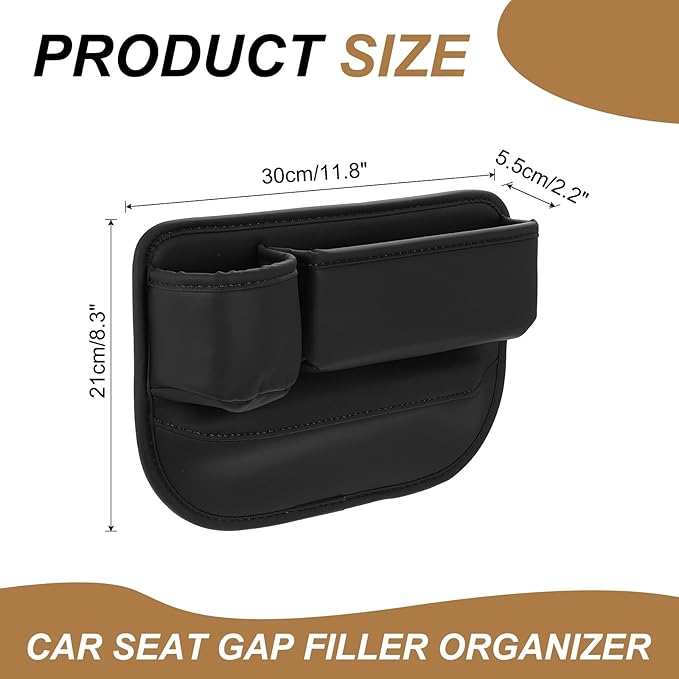 HARFINGTON Car Seat Gap Filler Organizer 11.8 x 8.3 x 2.2 Inch PU Universal Car Organizer Storage Box Between Seat and Console (Left) with Cup Holders for Phone Sunglasses Keys, Black