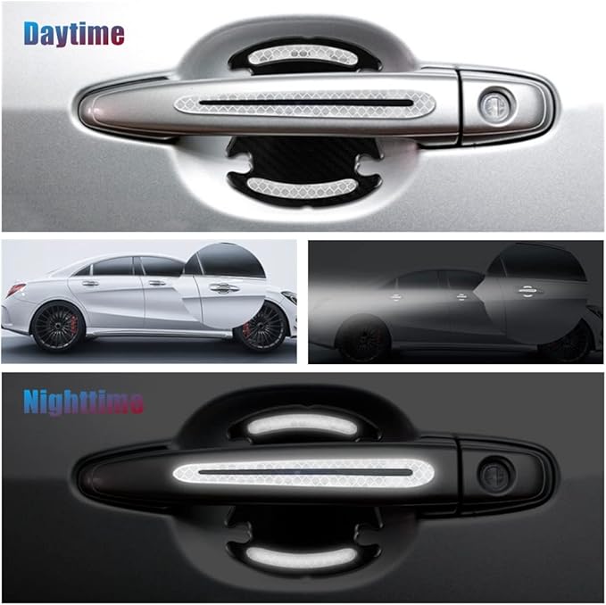 8pcs Universal 3D Carbon Fiber Texture car Door Handle Door Bowl Paint Scratch Protector Protective Cover Protective Film car Outdoor Safety Decoration Reflective Strip(Diamond White)