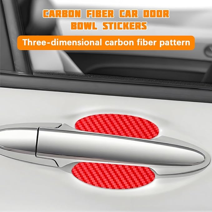 Car Door Handle Cup Protector, 4PCS Carbon Fiber Anti-Scratch Vehicle Door Handle Bowl Sticker, Self-Adhesive Automotive Paint Protective Film, Universal for SUV RV Truck (Red)