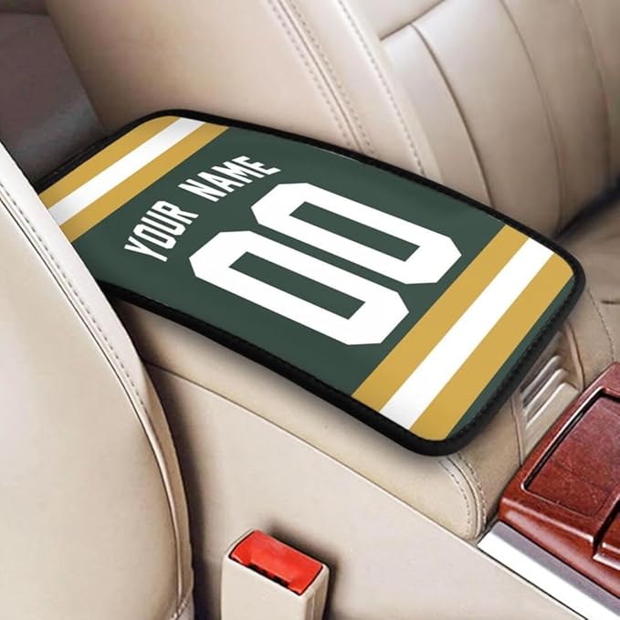 Custom Car Armrest Cover,Add Personalized Name and Number As Gifts for Loyal Football Fans,American Football Auto Center Console Pad Car handrail Box Cushion,Fit for Most Car Seat Box Cover Protector